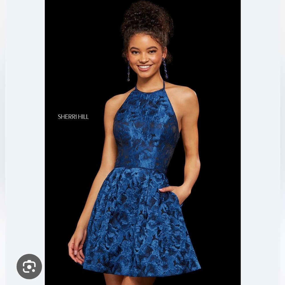 Sherri Hill 53070 Halter Neck Brocade Dress in Blue